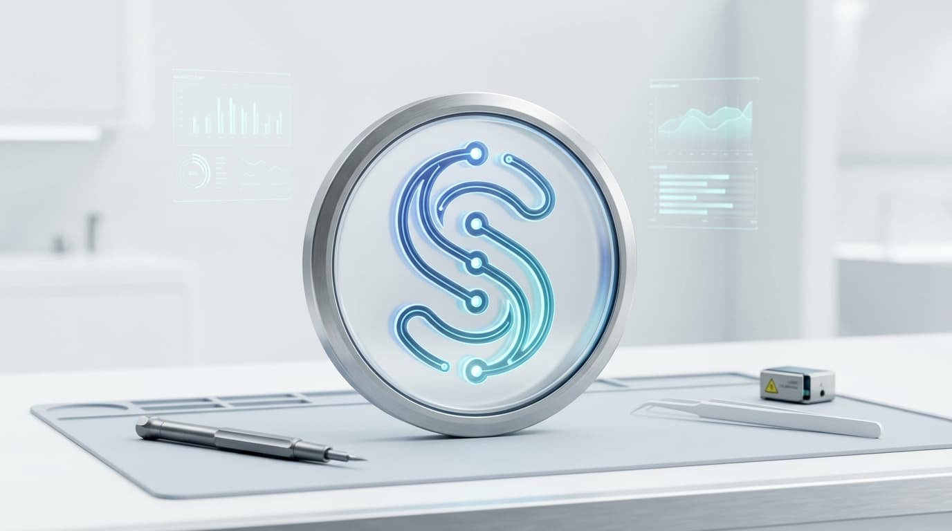 Emblema tridimensional de SysteFix con isotipo oficial en laboratorio técnico